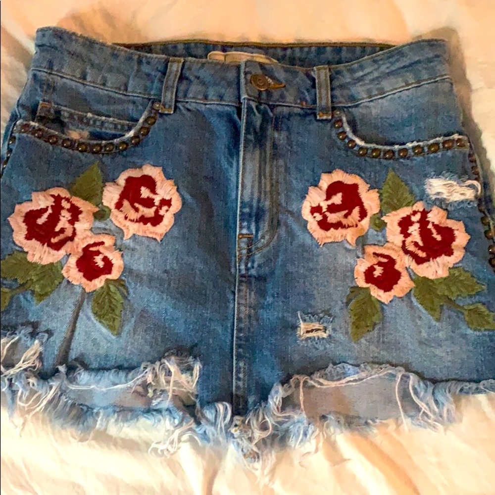 Free People Distressed Embroidered Denim Skirt